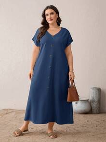 SHEIN Essnce Plus-Size Women's Dark Blue,Summer,Boho,Vacation,Holiday Casual Loose V-Neck Long Dress With Pockets,Everyday Versatile Simple Style Outfits - Navy Blue - View 3
