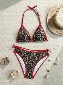SHEIN Teen Girls Leopard Print Contrast Trim Halter Bikini 2-Piece Swimwear Set, Spring/Summer - Multicolor - View 3
