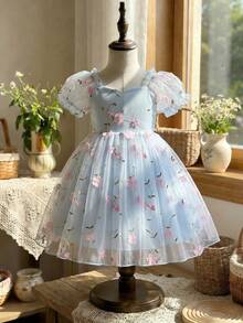 SHEIN Glamorique Kids 年轻女孩优雅迷人粉色可爱泡泡袖收腰奢华双层刺绣网纱蓬蓬裙正式礼服 - 藍色 - 查看 5