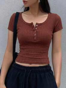DAZY Áo thun ngắn tay màu trơn, kiểu dáng giản dị, đa năng cho mùa hè. - Lạc đà - Xem 3