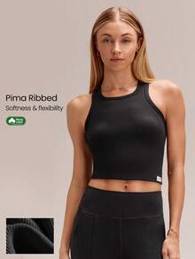 GLOWMODE Áo tank top dáng ôm, dài đến eo, chất liệu cotton Pima gân nổi, kiểu dáng suông, thích hợp mặc hàng ngày. - màu đen - Xem 1
