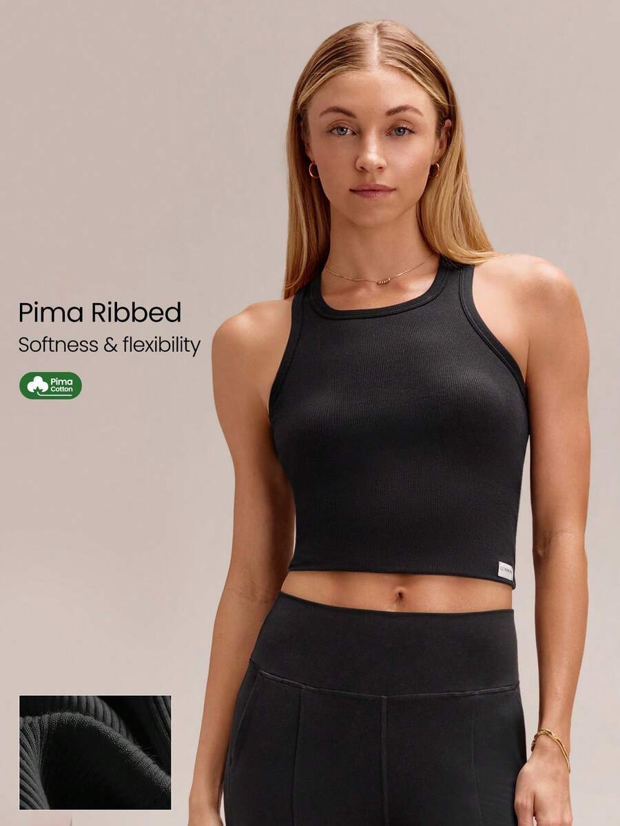 GLOWMODE Áo tank top dáng ôm, dài đến eo, chất liệu cotton Pima gân nổi, kiểu dáng suông, thích hợp mặc hàng ngày. - màu đen - Xem 1