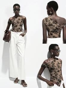 SHEIN Franclia 女款米色夏季性感時尚夜店花卉印花網紗連身衣，露肩修身上衣，日常穿著內搭或外穿層 - 卡其色 - 查看 8