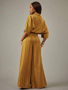 NYA SZN Matching Set Zip Up Top Wide Leg Pant Striped - Yellow - View 2