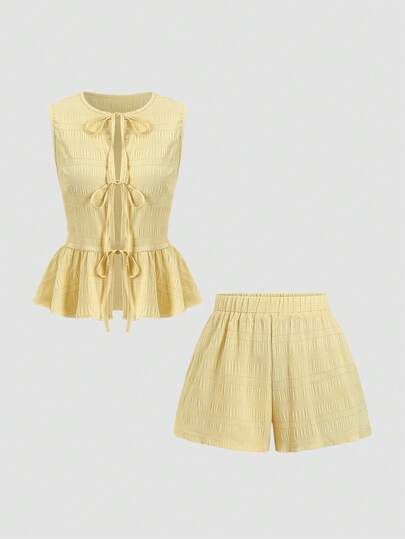 Sweetra Y2K Casual Vacation Versatile Textured Fabric Bow Tie Waist Wide Leg Pants 2 Pieces Set