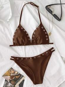 SHEIN Kids Teen Girl Keyhole Design Halter Swimwear Set, Suitable For Swimming, Holiday, Summer Beach Wear Chocolate Brown Casual - Brown - View 3