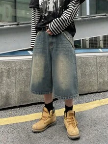 PAVTROS 男士宽松口袋休闲牛仔短裤 - 藍色 - 查看 1