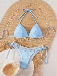 Swim Vcay Springbreak Solid Color Textured Fabric Shell Strap Decor Halter Bikini Top And Tie-Side Triangle Bikini Bottom, Summer Beach Party Swimwear Set For Women - Blue - View 6