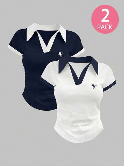 Bộ 2 áo polo nữ tuổi teen, màu xanh navy, xanh đậm, xanh dương, xanh dương phối trắng, dáng ôm, thích hợp cho các buổi đi chơi, phong cách retro học đường, logo cổ điển, phù hợp cho nữ sinh, áo polo, thời trang, xuân/hè, xuân/thu, mọi mùa, thoải mái