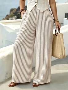 Parysyn Plus Size Women's Vertical Beige Side Button Wide Leg Pants With Pockets Elegant Casual Smart Boho Business Beach Vacation Office Work Autumn - Apricot - View 1