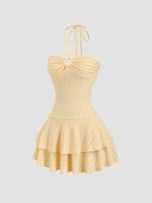 Sweetra Cute Retro French Style Romper,Pale Yellow Summer Vacation Holiday Strapless Tie Front Ring Detail Double Ruffle Hem Cake Skirt Perforated Fabric - Yellow - View 3