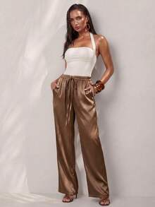 Glamine Women's Elegant Casual Satin Glossy Pants, Espresso Brown Autumn Wide-Leg Trousers, Loose Elastic Waist Drawstring For Vacation, Business - Coffee Brown - View 9