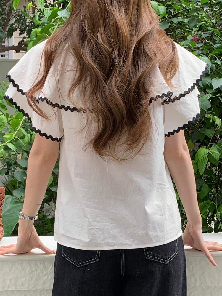 Women's Wave Ribbon Patchwork Ruffle Trim Single-Breasted Blouse