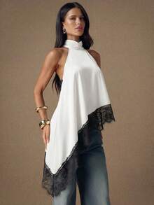 SHEIN BAE Áo hai dây satin màu đen trơn, phối ren, gợi cảm, hở lưng, cổ yếm, viền ren, thích hợp cho tiệc tùng, cocktail và các dịp trang trọng. - trắng - Xem 3