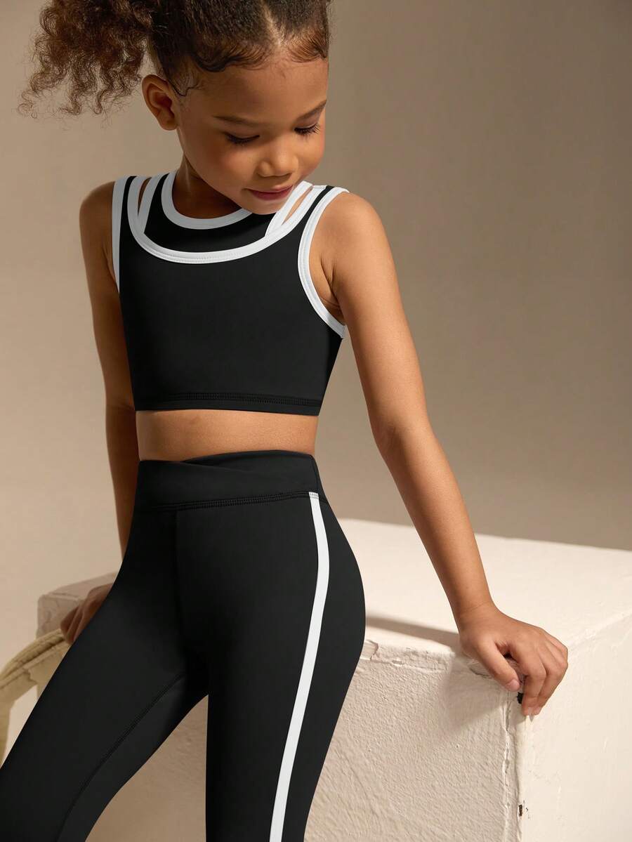 SHEIN 两件套女童运动服套装 - 常规背心 + 常规裤子 + 针织/多色 + 运动背心 + 运动裤 + 运动 - 黑色 - 查看 1