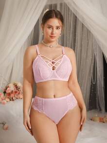 DelicateAllure 2pcs Full Cup Bra Set, Plus Size, Romantic Minimalist Lace Patchwork, Criss-Cross Strap, Comfortable Daily Wear - Pink - View 5