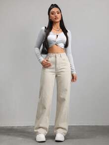 SHEIN ICON 女士时尚百搭口袋拉链宽松直筒牛仔裤 - 卡其色 - 查看 4