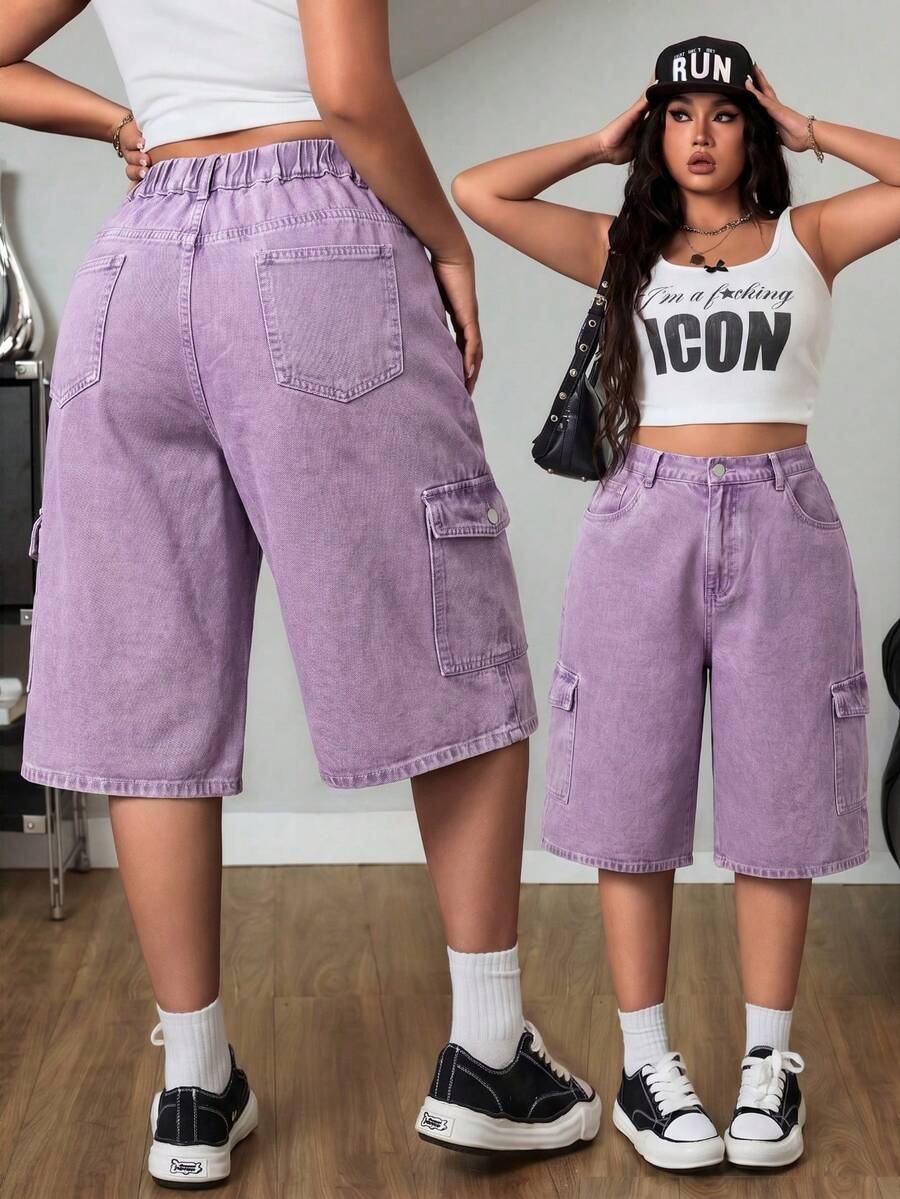 SHEIN ICON Pantalones cargo azul desgastado de corte recto y holgado con bolsillos grandes