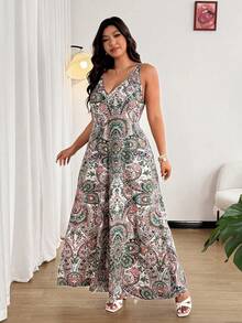 Ceyna Plus Size V-Neck Printed Sleeveless Wide Leg Jumpsuit With Invisible Zipper At Back - Multicolor - View 5