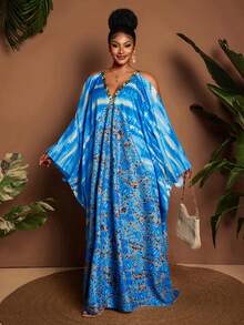 Maweii Plus-Size Women's V-Neck, Large Batwing Sleeve, Blue Floral Print, Loose-Fitting Maxi Dress With A Full Skirt; Suitable For Summer, Vacation, And Casual Wear. - Blue - View 4