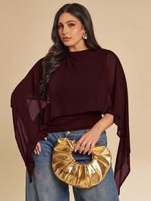 SHEIN BAE 大码女式喇叭袖短款斗篷上衣 - 紫紅色 - 查看 5