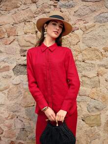 MOTF Petite CAMISA ROJA DE LINO PURO 100% LIGERA Y TRANSPIRABLE PARA VACACIONES DE VERANO CON DETALLES DE ENCAJE CALADO - Rojo - Ver 5