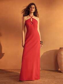 MOTF PREMIUM WOMEN'S RAYON LINEN BLEND HALTER DRESS, SUITABLE FOR SPRING/SUMMER VACATION - Red - View 4