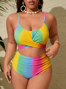 Slaydiva Conjunto de tankini de traje de baño con pliegues cruzados en degradado de talla grande - Multicolor - Ver 4