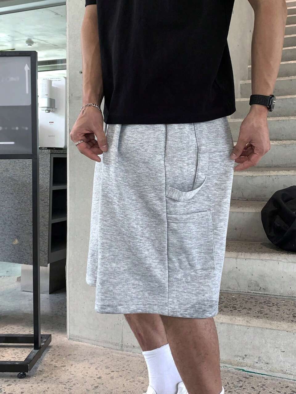 Black Polo Collar Short Sleeve T-Shirt Paired With Grey Short Sweatpants Men's Outfit Set