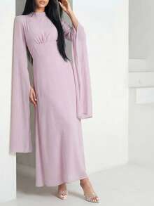 Veilorie Women's Solid Color Stand Collar Extra Long Sleeve Pleated Waist Elegant Dress Orchid Dress Party Dress - Pink - View 1