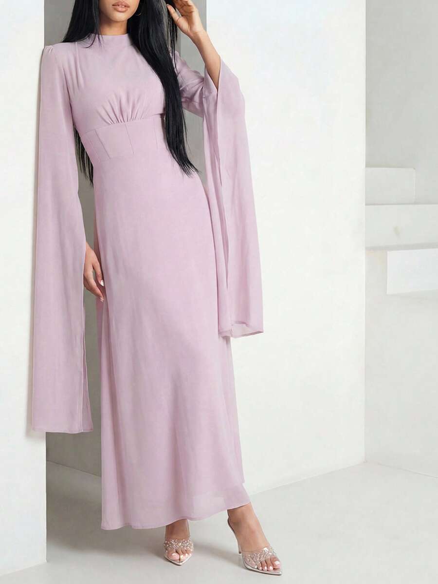 Veilorie Women's Solid Color Stand Collar Extra Long Sleeve Pleated Waist Elegant Dress Orchid Dress Party Dress - Pink - View 1