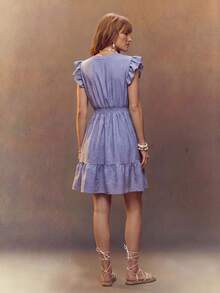 Fembélia Women's Short Ruffle Sleeve Denim Blue Waist Cinched Dress - Red - View 2