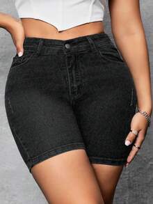 SHEIN SXY Shorts vaqueros de talla grande, ajuste ceñido casual, primavera/verano - Gris Claro - Ver 3