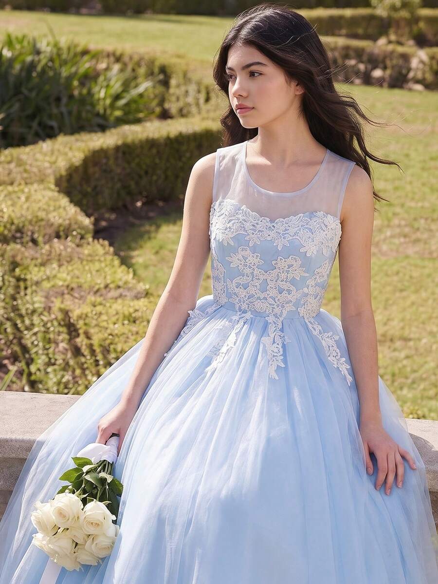 蓝色高端网纱公主裙,长款花童婚礼礼服,夏季泡泡裙生日派对连衣裙,适合小女孩 - 藍色 - 查看 1