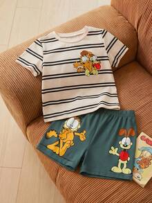 GARFIELD | SHEIN 男婴条纹卡通印花短袖上衣和短裤休闲家居服套装 - 杏色 - 查看 1