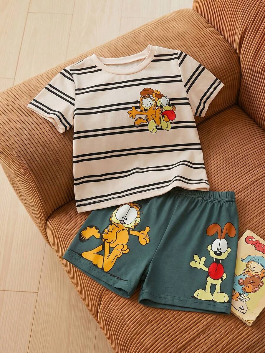 GARFIELD | SHEIN 男婴条纹卡通印花短袖上衣和短裤休闲家居服套装 - 杏色 - 查看 1