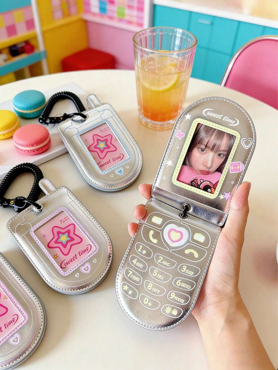 Zazumi Cute Y2K Retro Flip Phone Card Holder, PU Leather Photocard Case With Clear Window & Coiled Keychain. Kawaii Cartoon Patterns For Student ID, Transit Card, Credit Card, Ideal For K-Pop Fans Daily Storage - Multicolor - View 1