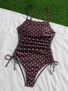 Swim Mod 女士休闲复古时尚沙滩度假户外夏季性感百搭波点/经典圆点随机印花系带露背修身连体泳衣，适合春假、返校季、假期、春季海滩度假 - 彩色 - 查看 7