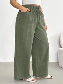Shapeblank 大码女装春夏时尚休闲宽松舒适日常百搭深蓝色弹力腰阔腿裤，春季服装，女式下装，假日穿搭 - 軍綠色 - 查看 4