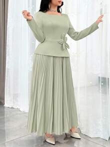 Modelyn 女士优雅纯色3D立体花卉装饰褶皱连衣裙 - 綠色 - 查看 6