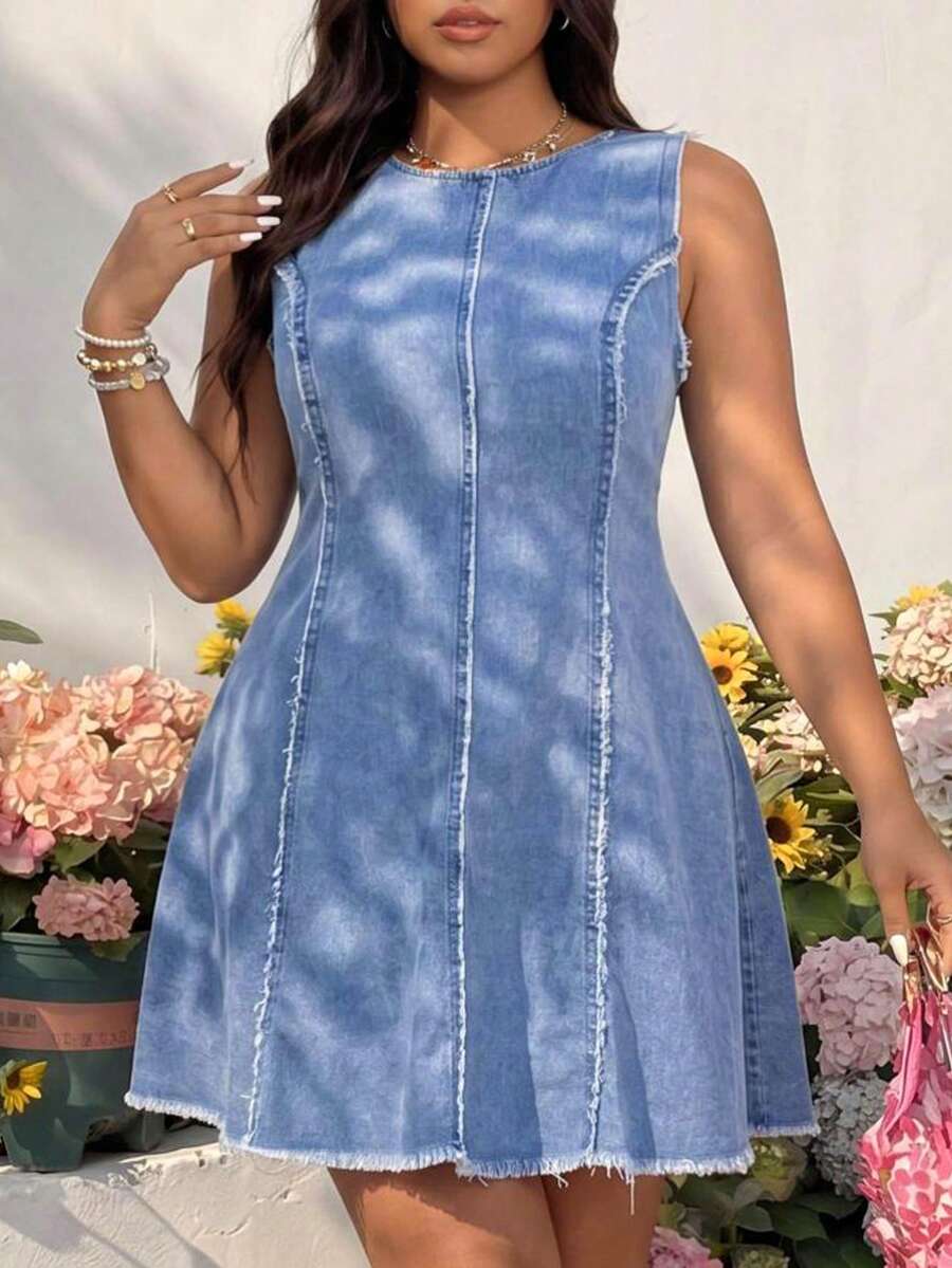 GalTyme Plus Size Women Round Neck Fringe Casual Party Denim Dress - Blue - View 1