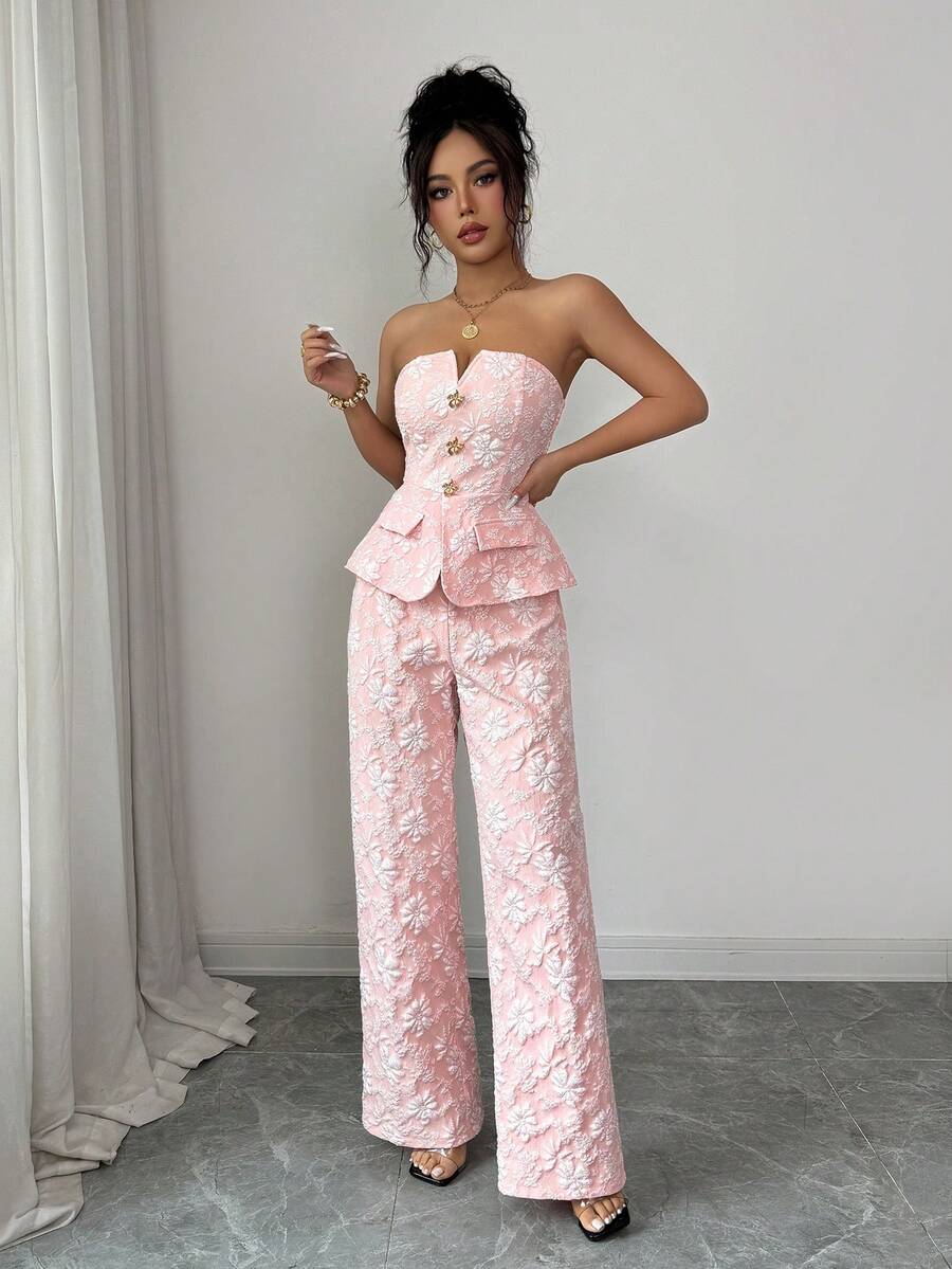 Elenzga Women's Jacquard Bandeau Top And Wide Leg Pants Casual Everyday Set - Pink - View 1