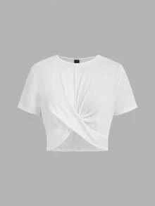 SHEIN Essnce Áo thun nữ cỡ lớn cổ tròn thiết kế xoắn, gợi cảm, thoải mái, màu đen trắng, nhiều chiếc. - trắng - Xem 3