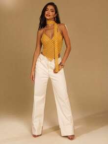 Denimoi Sheer Mesh White Backless Halter Top With Scarf Golf Summer Sexy - Yellow - View 3