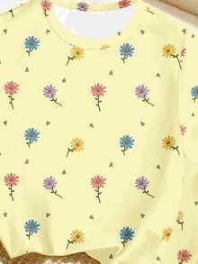 Summer Young Girl Cute Floral Print T-Shirt & Flared Pants Set, Pastel Yellow Refreshing Minimalist Personalized Fashion Creative Comfortable Daily Wear - Multicolor - View 5