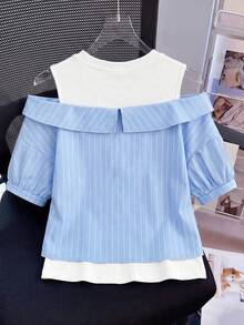 Elladie kids Tween Girl Striped 2 In 1 Casual Versatile Everyday Shirt - Blue - View 2