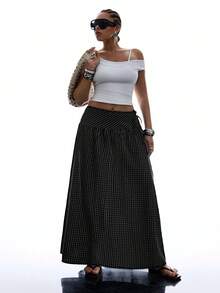 SHEIN EZwear 女款休閒極簡黑色格紋側綁帶長裙/長裙/格紋裙/格子裙/黑色裙 - 黑色 - 查看 7
