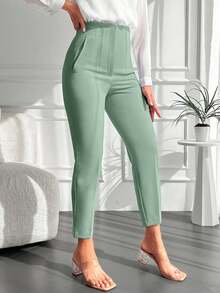 EURMUSE Women's High Waist Cone-Shaped Stretchy Cropped Formal Solid Color Pants, Suitable For Commuting - Green - View 3