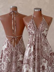 EMERY ROSE Vestido de verano con estampado, espalda abierta y cordón para mujer - Marrón - Ver 4