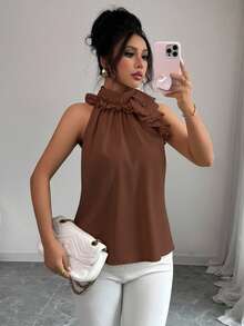 Balvessa Blus Tanpa Lengan dengan Lipatan dan Kerutan, Kemeja Wanita Warna Polos yang Elegan dan Berkelas - Coffee Brown - View 7